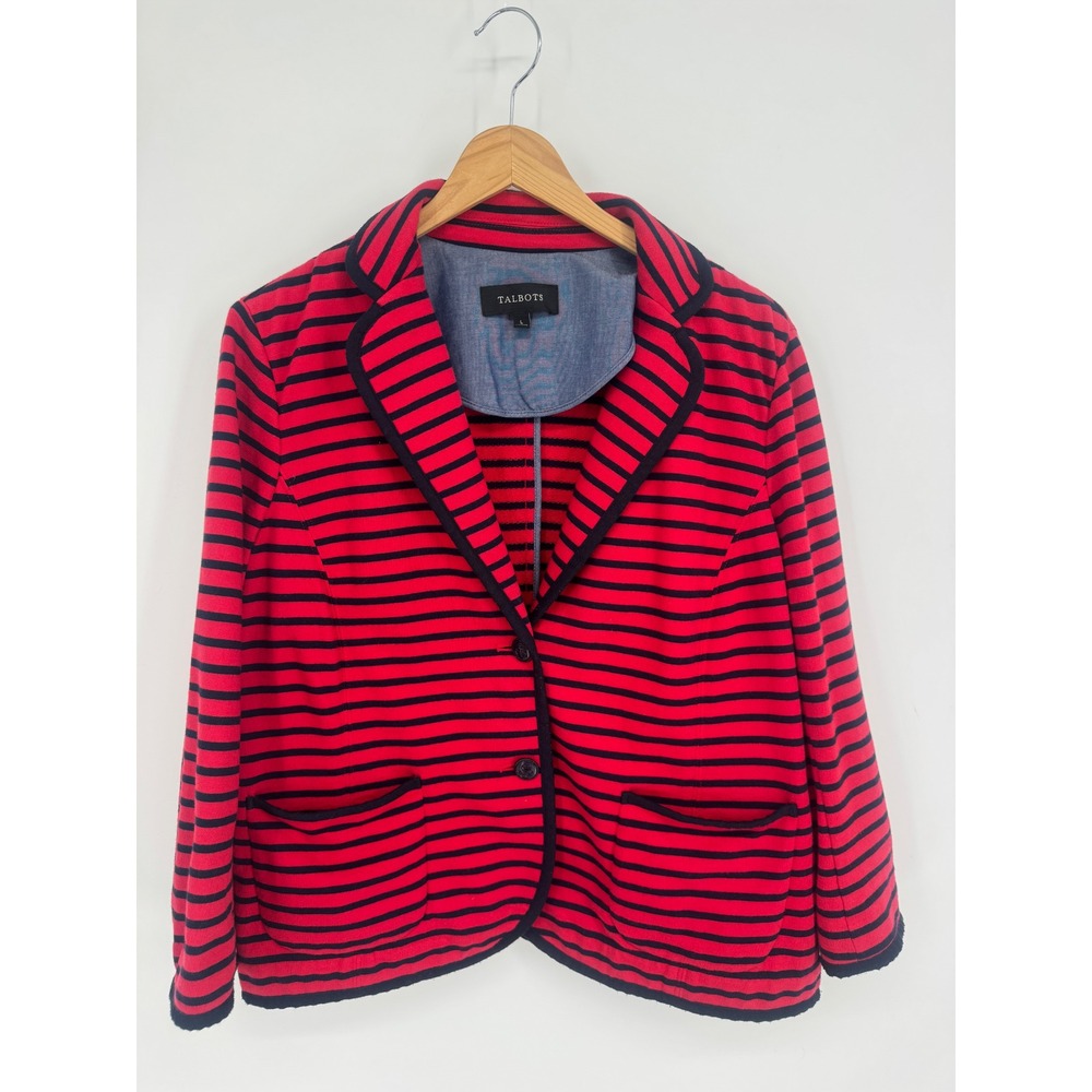 Talbots Striped Knit Blazer Women L Red Navy Nautical Cotton Office Work Yacht